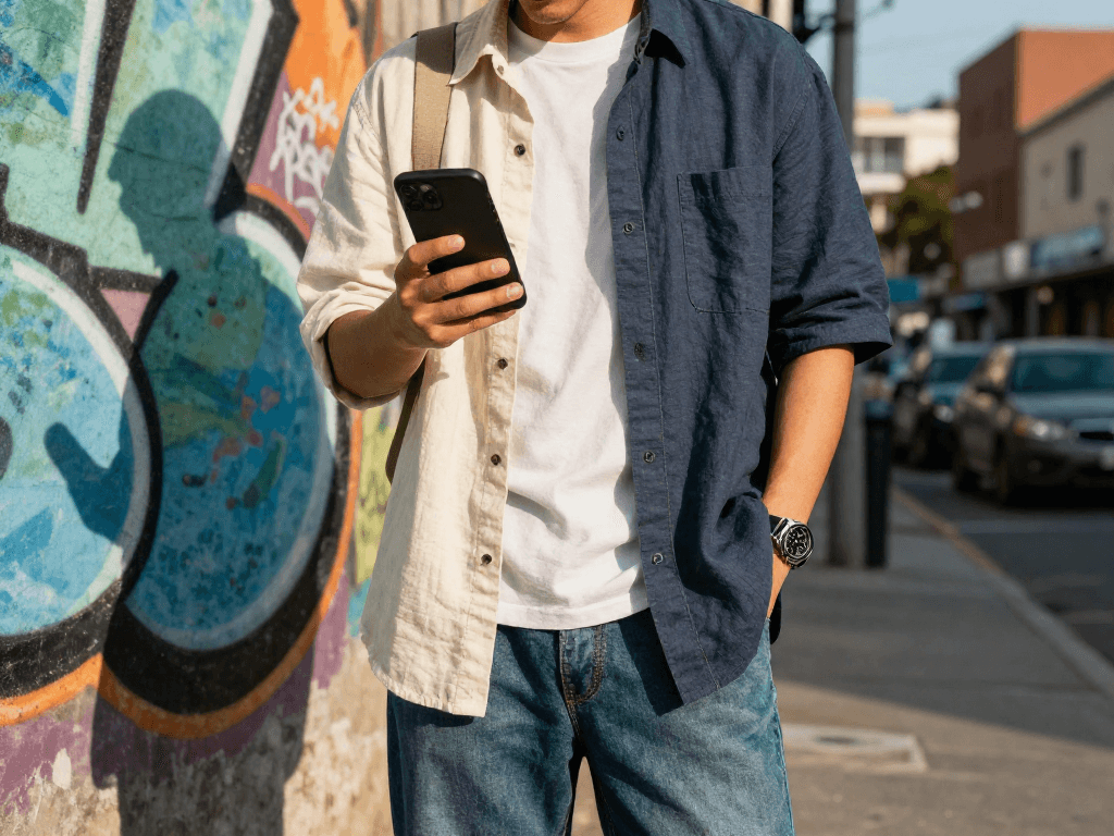 Stylish urban fashion showcasing rokok88 slot login fabric quality against vibrant city backdrop.