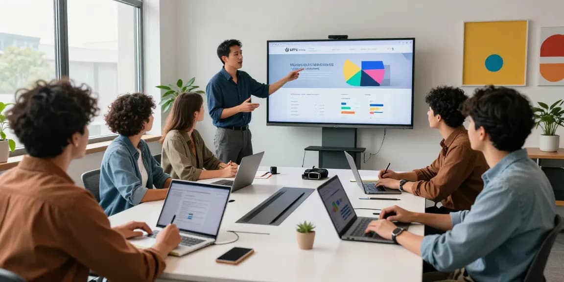 Diverse team collaborating around a conference table showcasing the WPS Official Website analytics data in a modern office.