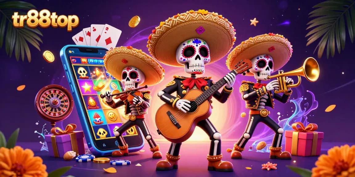 Exciting gambling experience with tr88top featuring vibrant mariachi band and slot game elements.