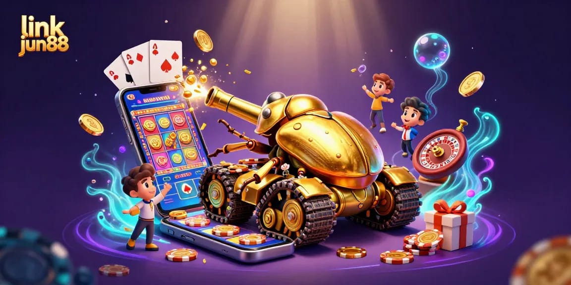 Engage with link jun88 through a vibrant casino scene featuring a golden beetle tank and slot games.