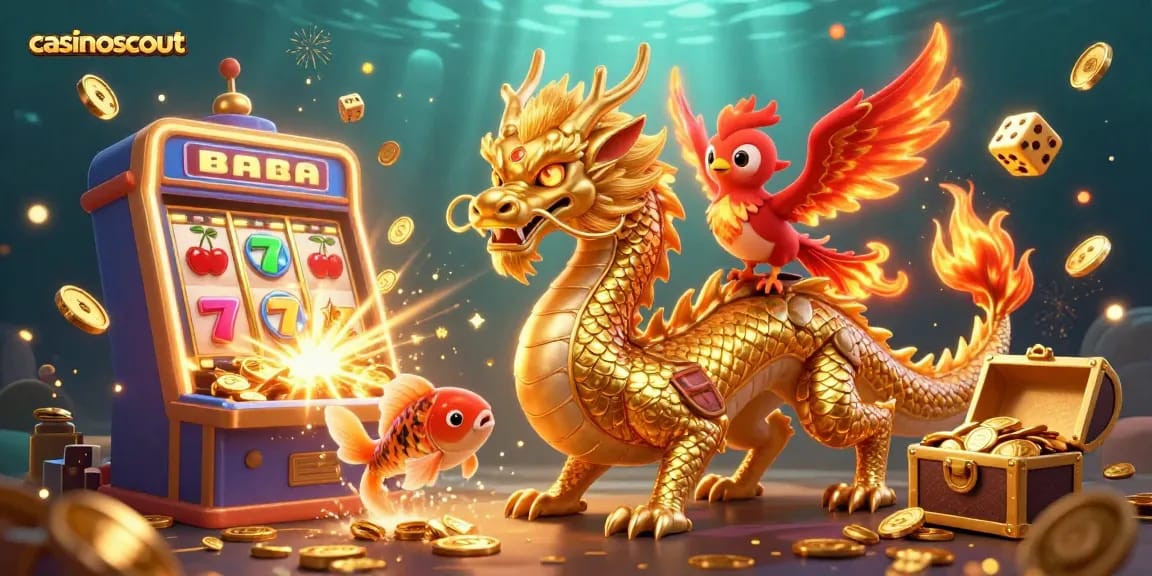Experience big wins with casinoscout: A vibrant dragon, phoenix, and koi shimmer amid casino chaos.