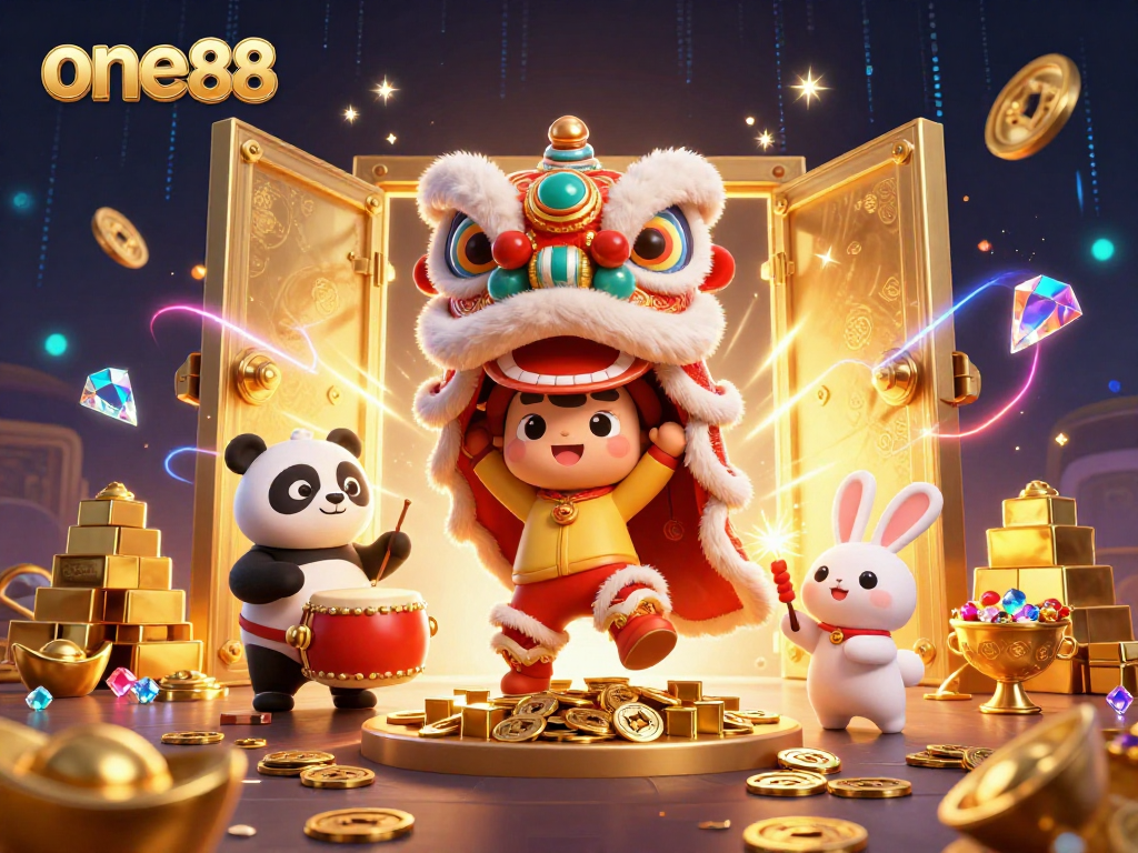 Experience thrilling wins at one88 with vibrant 3D excitement surrounding lucky symbols and festive characters.