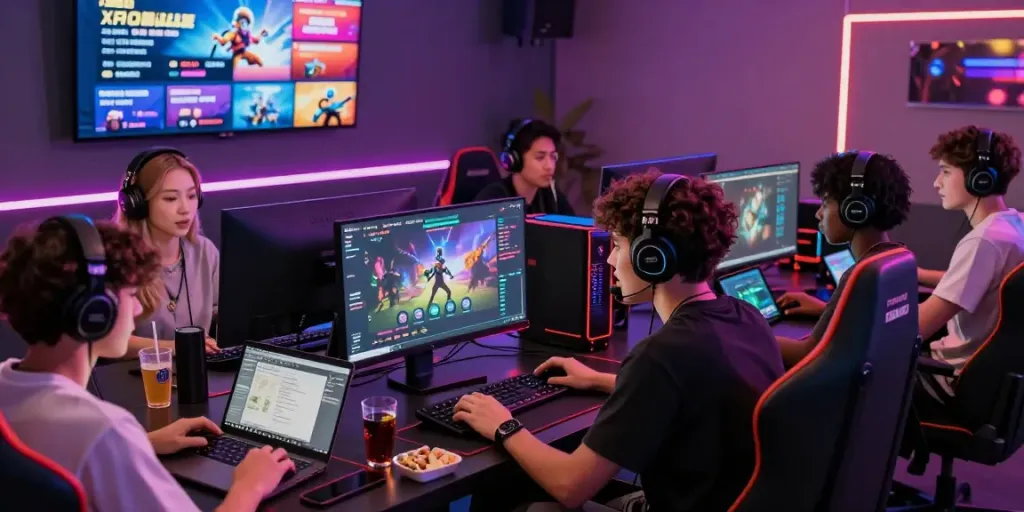 Exciting gaming atmosphere with players enjoying rokok88 portal in a vibrant lounge.
