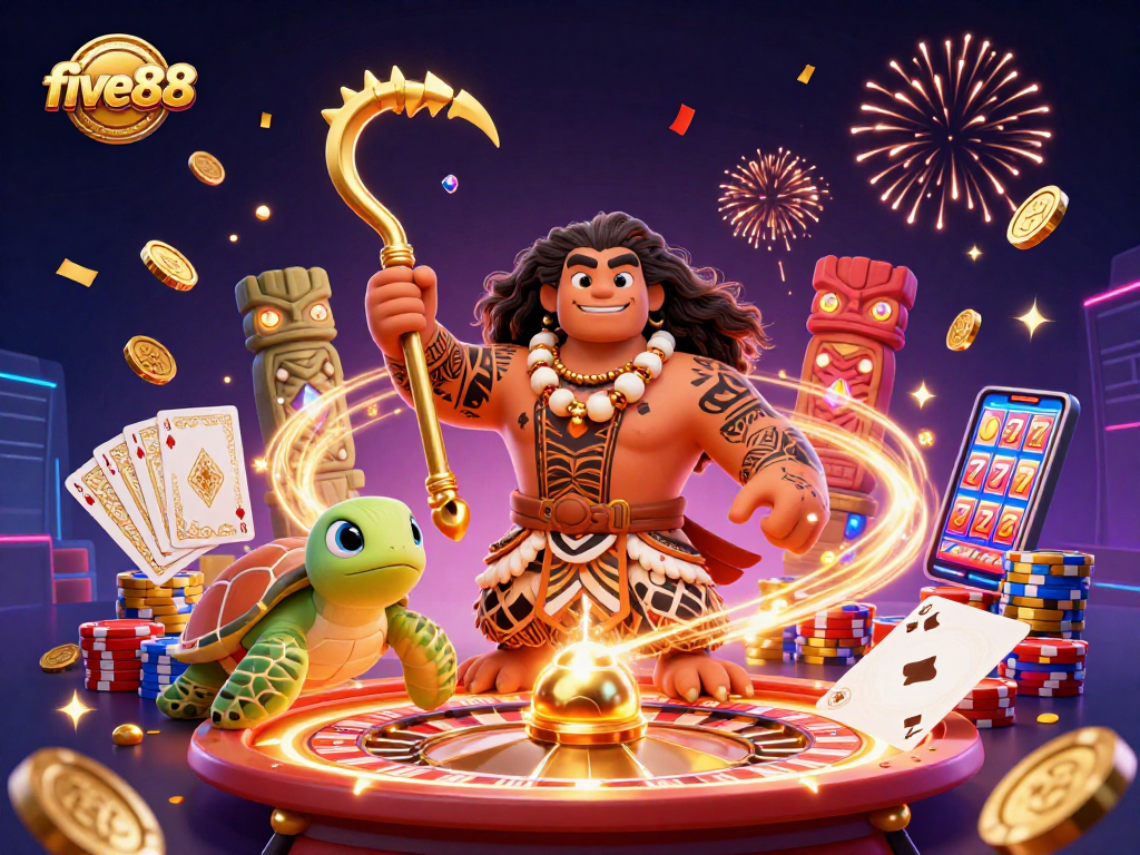 Experience the excitement at five88 with vibrant casino elements and captivating characters in a dynamic scene.