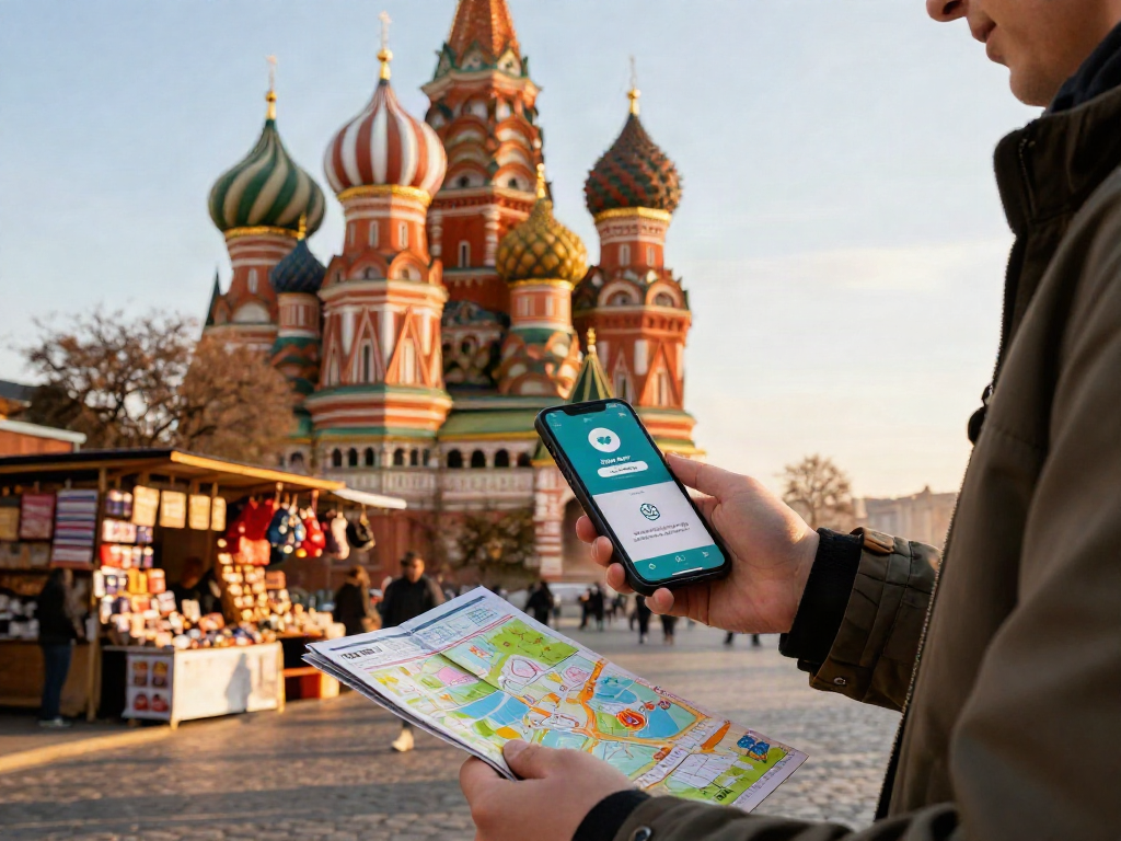 Un turista utilizando https://payinrussia.com/ para hacer un pago en un mercado local en Rusia.