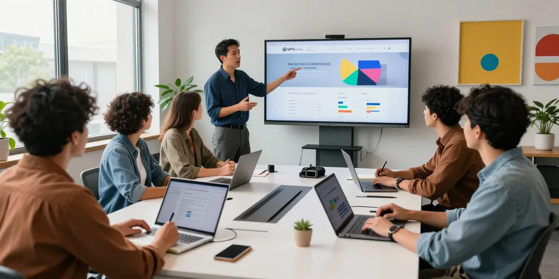 Diverse team collaborating around a conference table showcasing the WPS Official Website analytics data in a modern office.