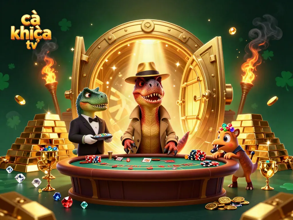 Cà khịa tv offers a vibrant 3D scene with a velociraptor card counter at a blackjack table, rich in gold and gems.