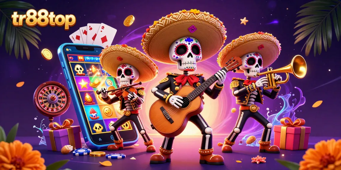 Exciting gambling experience with tr88top featuring vibrant mariachi band and slot game elements.