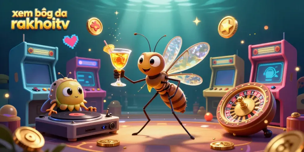 Experience xem bóng đá rakhoitv with a vibrant casino scene featuring a unique mosquito mascot.