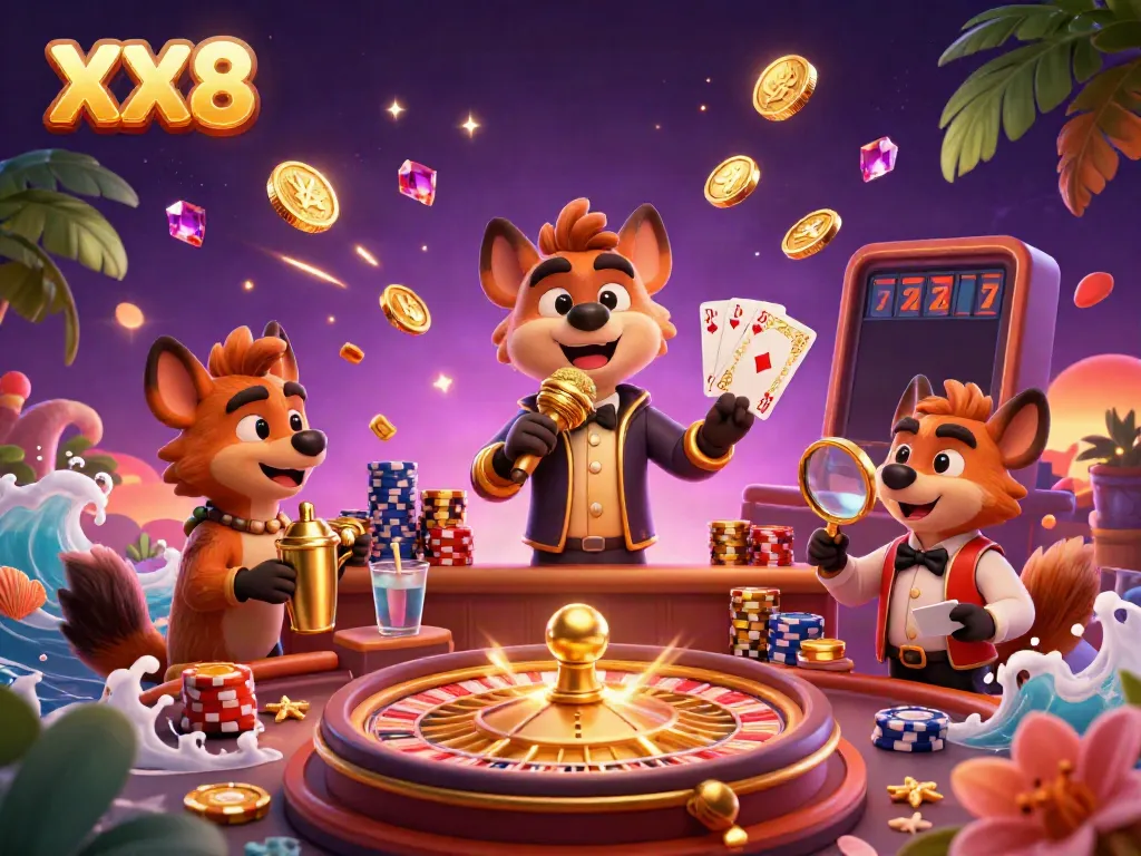 Experience XX8 with vibrant hyenas in a dynamic casino scene filled with gold coins and vibrant gaming elements.