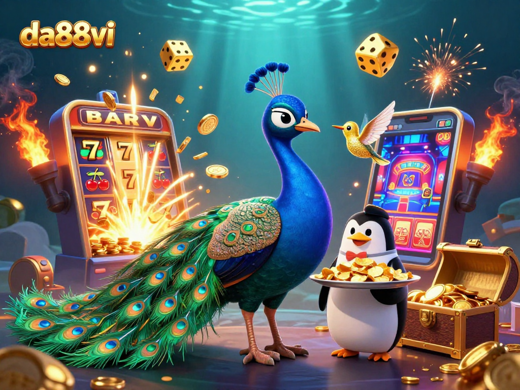 Experience the da88vi casino excitement with a vibrant 3D peacock and jackpot elements.