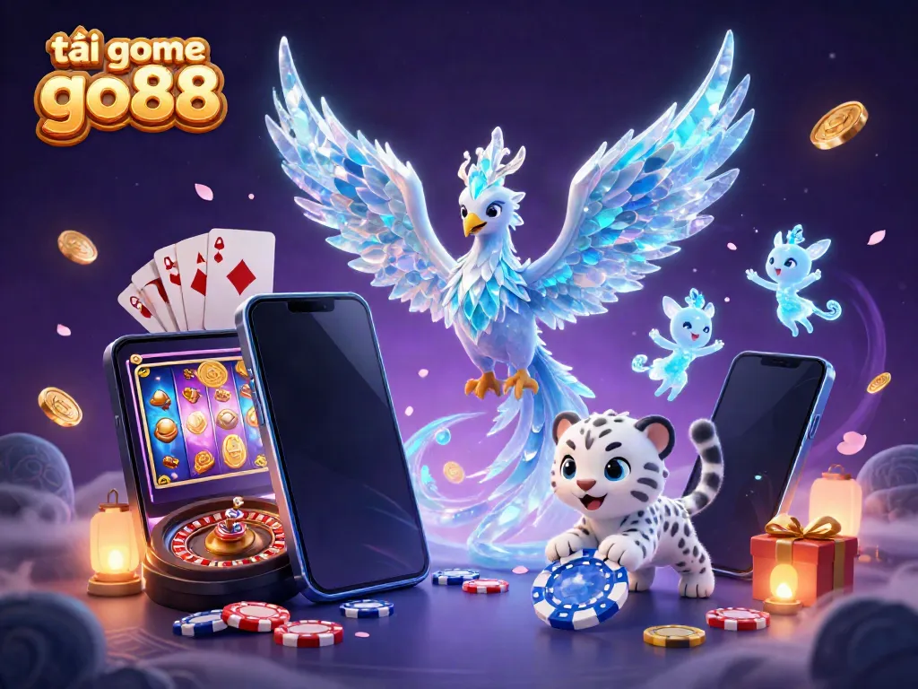 Immerse in the excitement as you tải game go88, with a dazzling ice phoenix, poker chip, and casino elements all around.