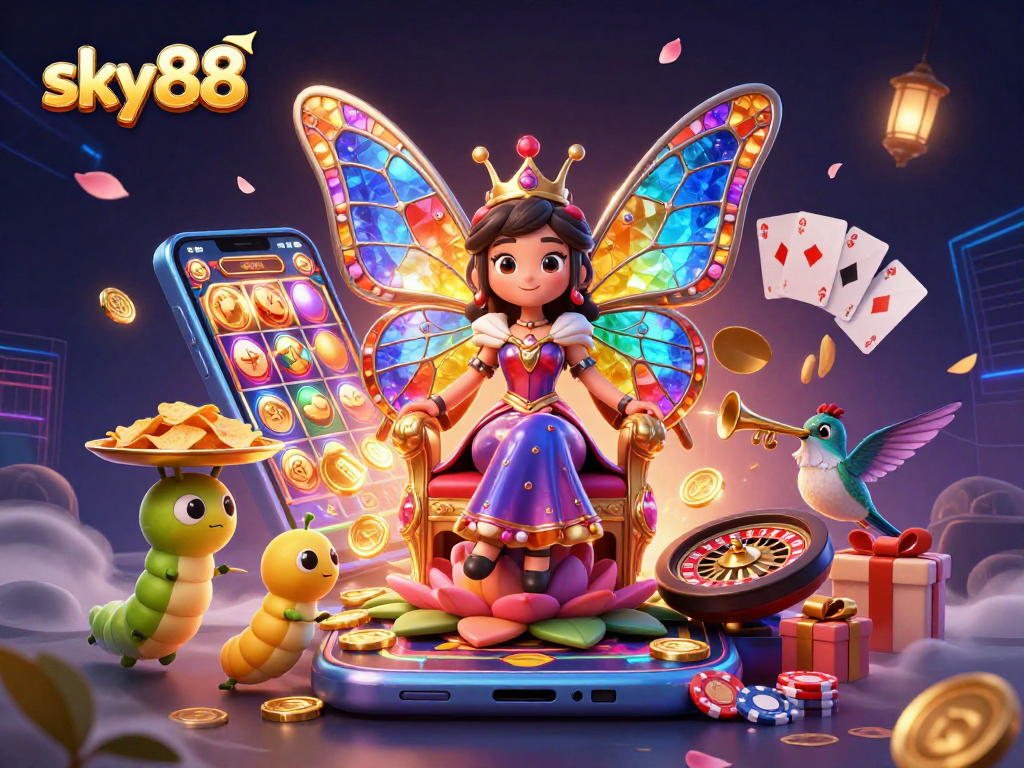 Spin to win at sky88 with vibrant gaming elements and enchanting characters in a luxurious casino setting.