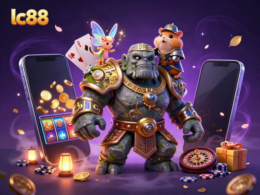 Experience thrilling wins with lc88 as a golem guardian, a fairy, and a hamster knight amidst vibrant casino elements.