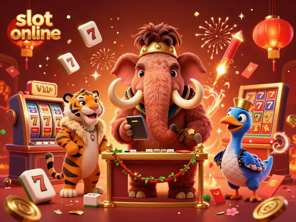 Experience thrilling fun with slot online in a vibrant casino scene of a mammoth bouncer, a saber-tooth tiger, and a dodo doorman.
