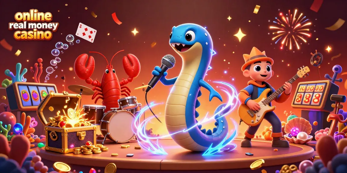 Engaging scene of an online real money casino featuring a DJ electric eel surrounded by game elements and celebration.